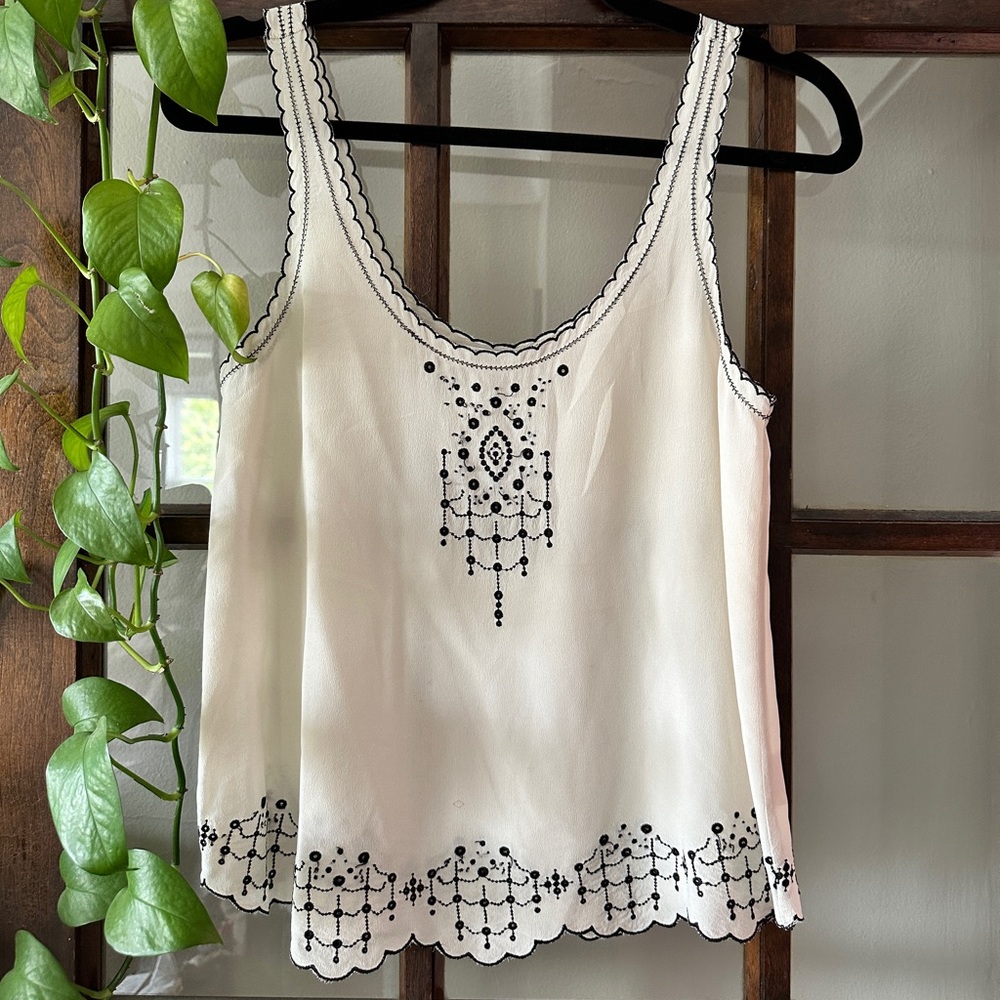 Aritzia BABATON Embroidered White and Black Women's 100% Silk Top